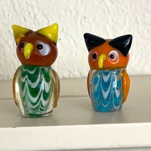 Lot 2 Miniature Fitz and Floyd Menagerie Blown Glass Owls Birds Handmade